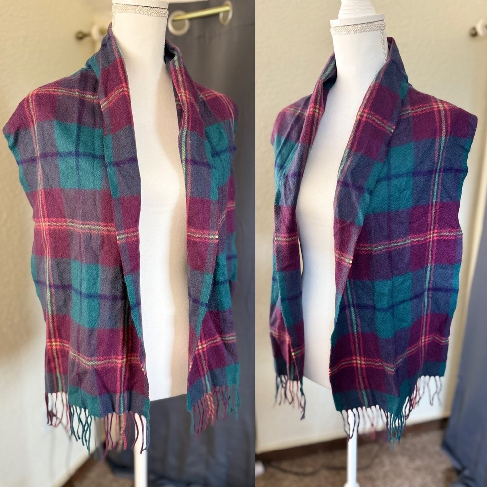 Louisa Perini 100%‎ Cashmere Plaid Scarf Purple Teal Fringe 60x12